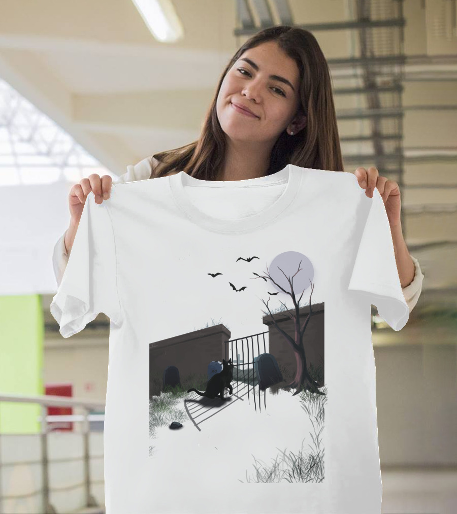 Halloween Black Cat Moonlit Cemetery Gate with Tombstones and Bats T-Shirt