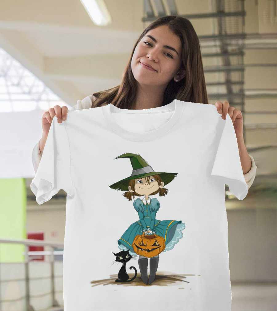 Halloween Girl Witch Hat Pumpkin Black Cat T-Shirt