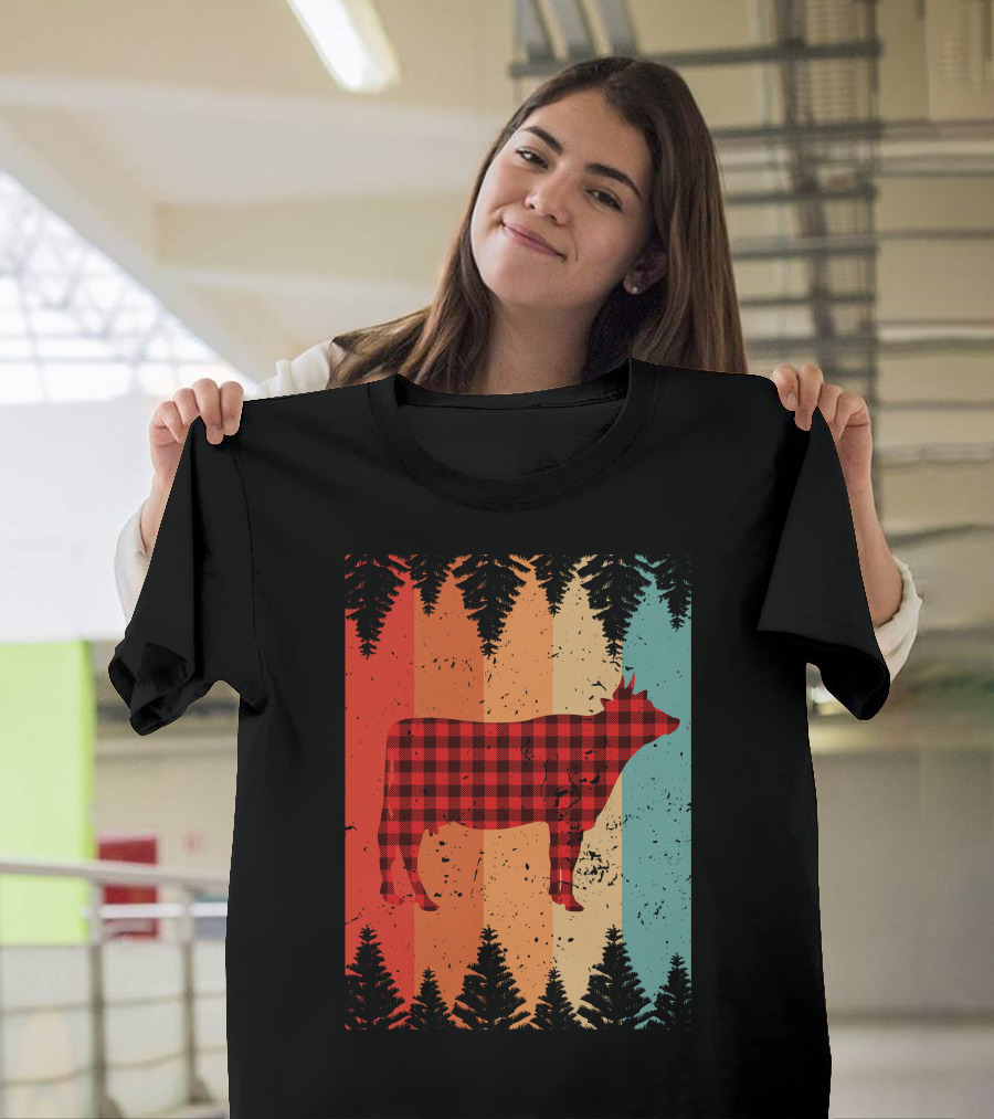 Vintage Plaid Cow with Retro Stripes and Pine Trees T-Shirt