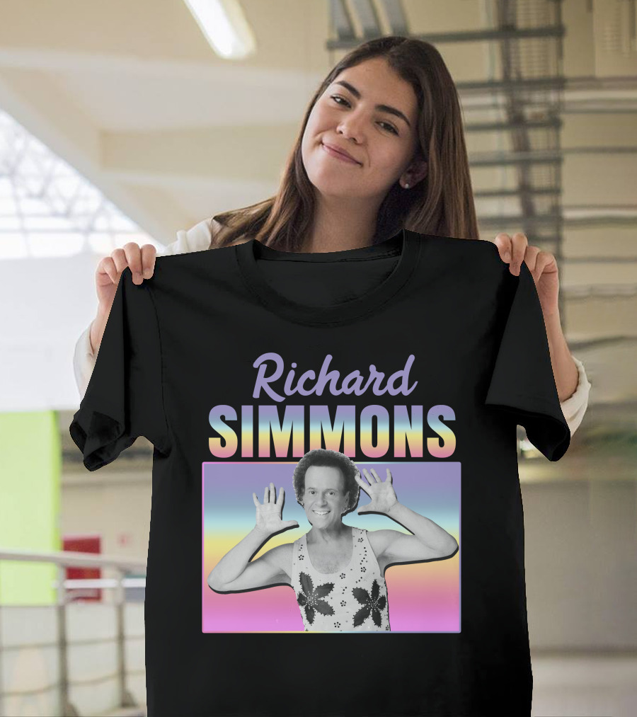 Richard Simmons Retro Fitness Icon Rainbow Background T-Shirt