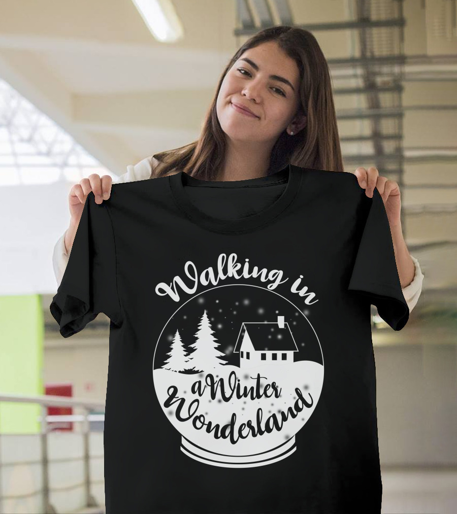 Walking in a Winter Wonderland Snow Globe Scene with House and Trees T-Shirt