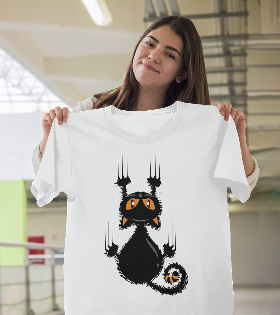 Halloween Funny Black Cat Clawing with Orange Ears and Whiskers T-Shirt