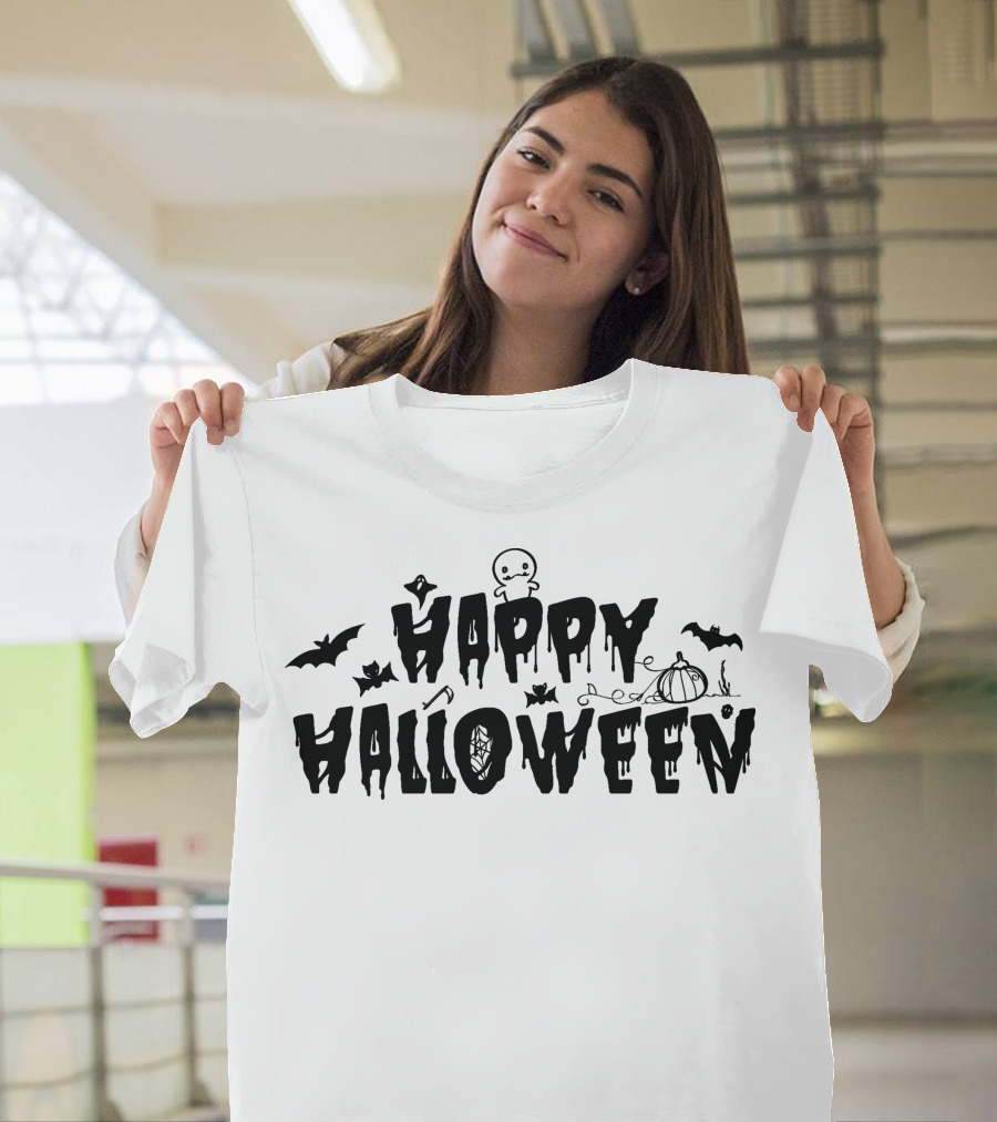 Happy Halloween Typography with Bats, Pumpkin, and Spider Elements T-Shirt