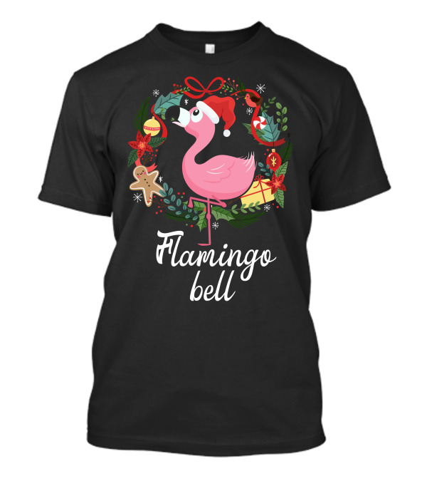 Flamingo Bell Christmas Wreath Santa Hat Holiday Cheer T-Shirt
