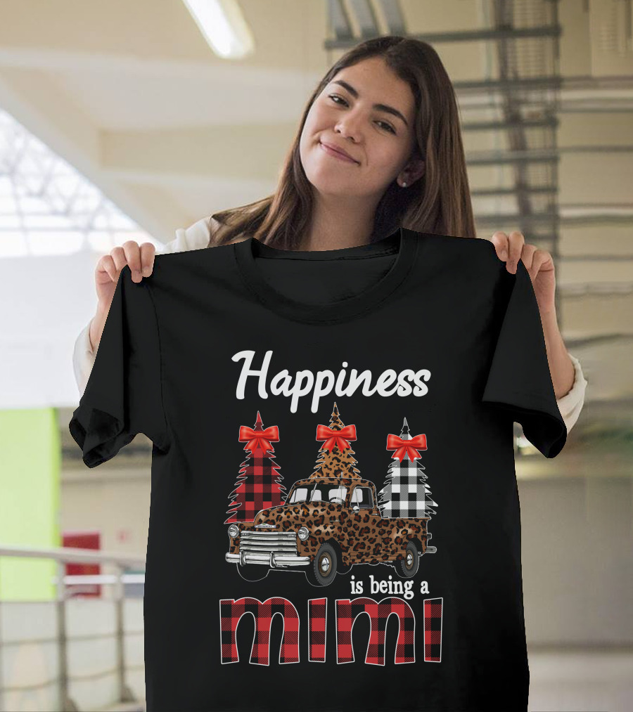 Happiness Is Being A Mimi Rustic Leopard Truck with Plaid Christmas Trees T-Shirt