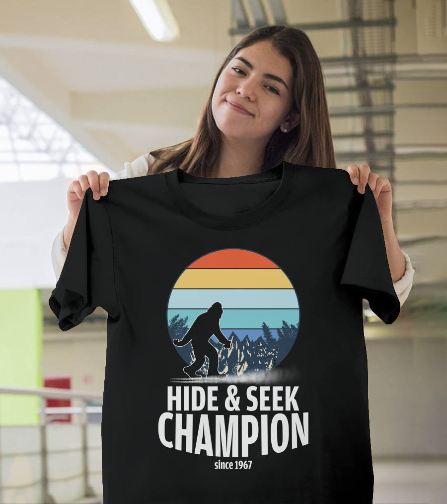 Hide And Seek Champion Since 1967 Bigfoot Sunset Silhouette Forest T-Shirt