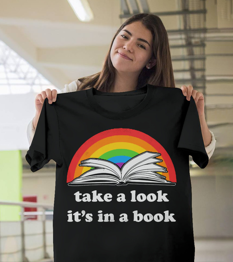 Take a Look It's in a Book Reading Rainbow Open Book and Rainbow Background T-Shirt