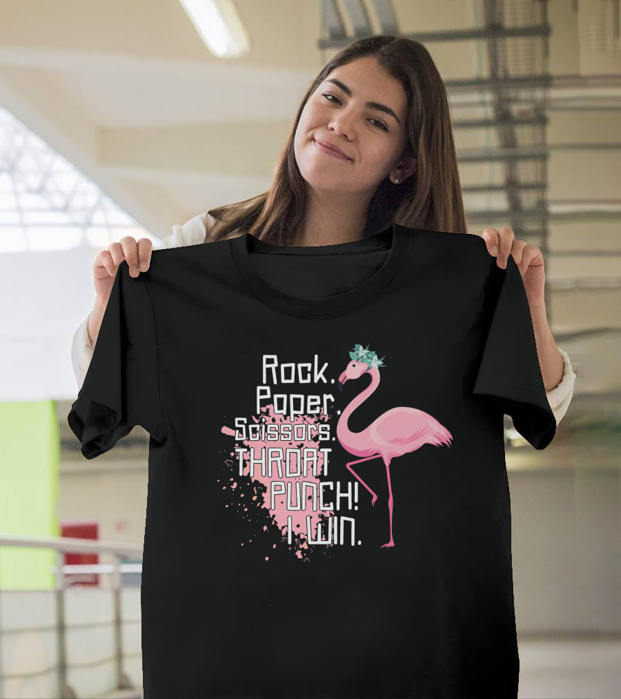 Rock Paper Scissors Throat Punch I Win Flamingo with Pink and Blue Accents T-Shirt