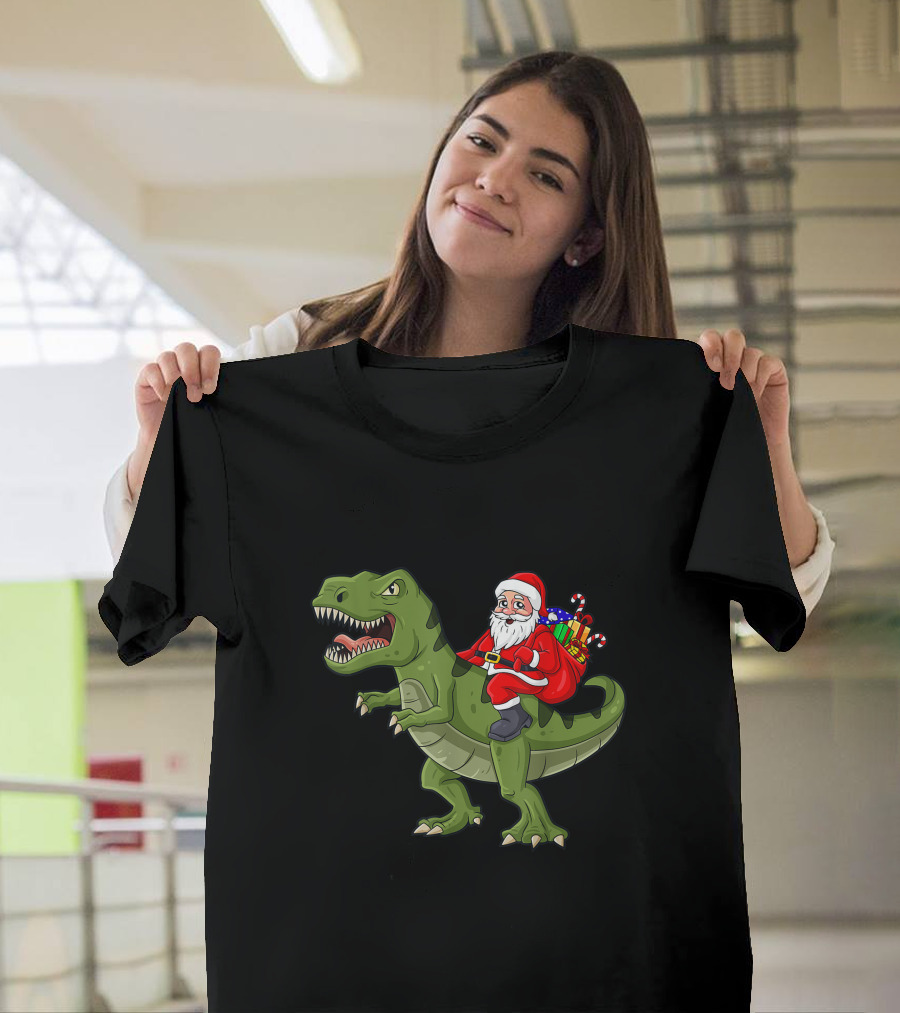 Santa Claus Riding Rex with Gifts on Dinosaur T-Shirt