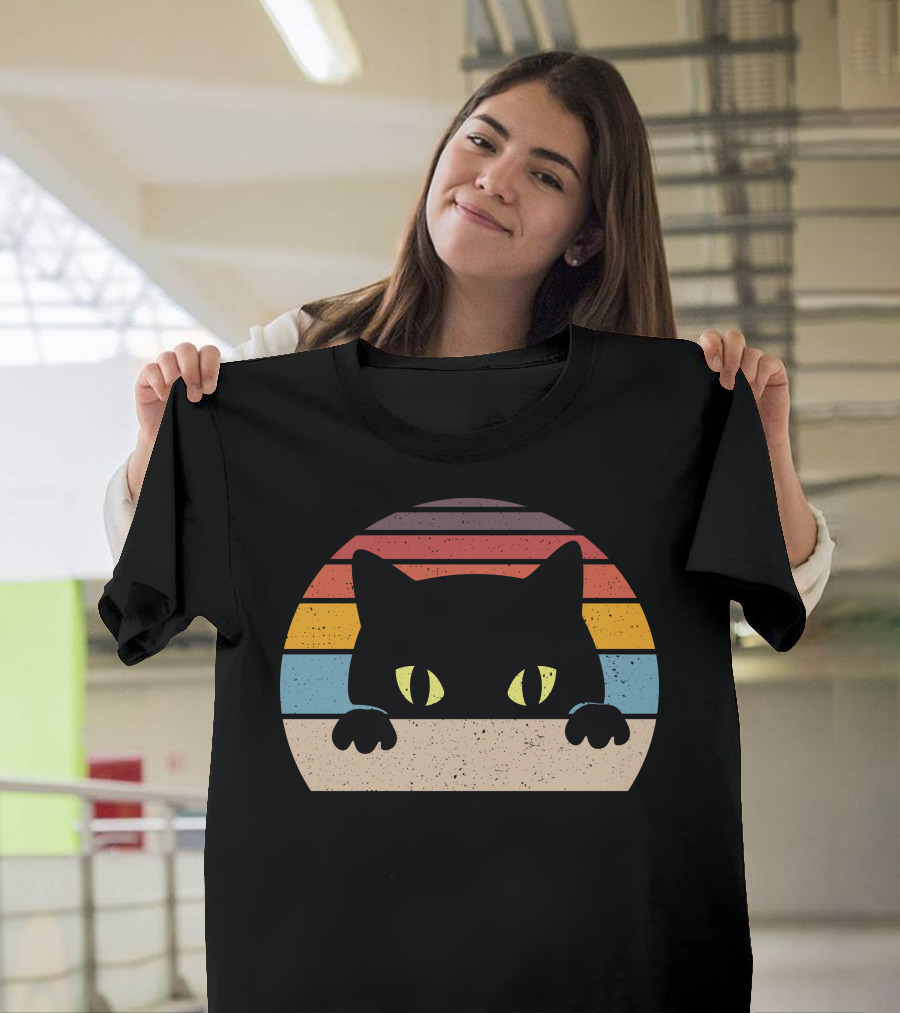 Vintage Cat Retro Sunset Peeking Kitty Stripes T-Shirt