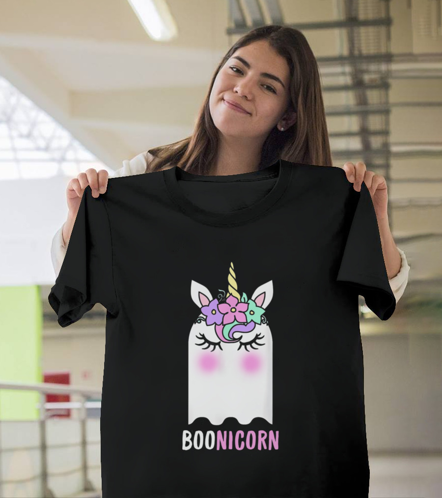 BOONICORN Ghost Unicorn with Floral Horn and Pastel Accents T-Shirt