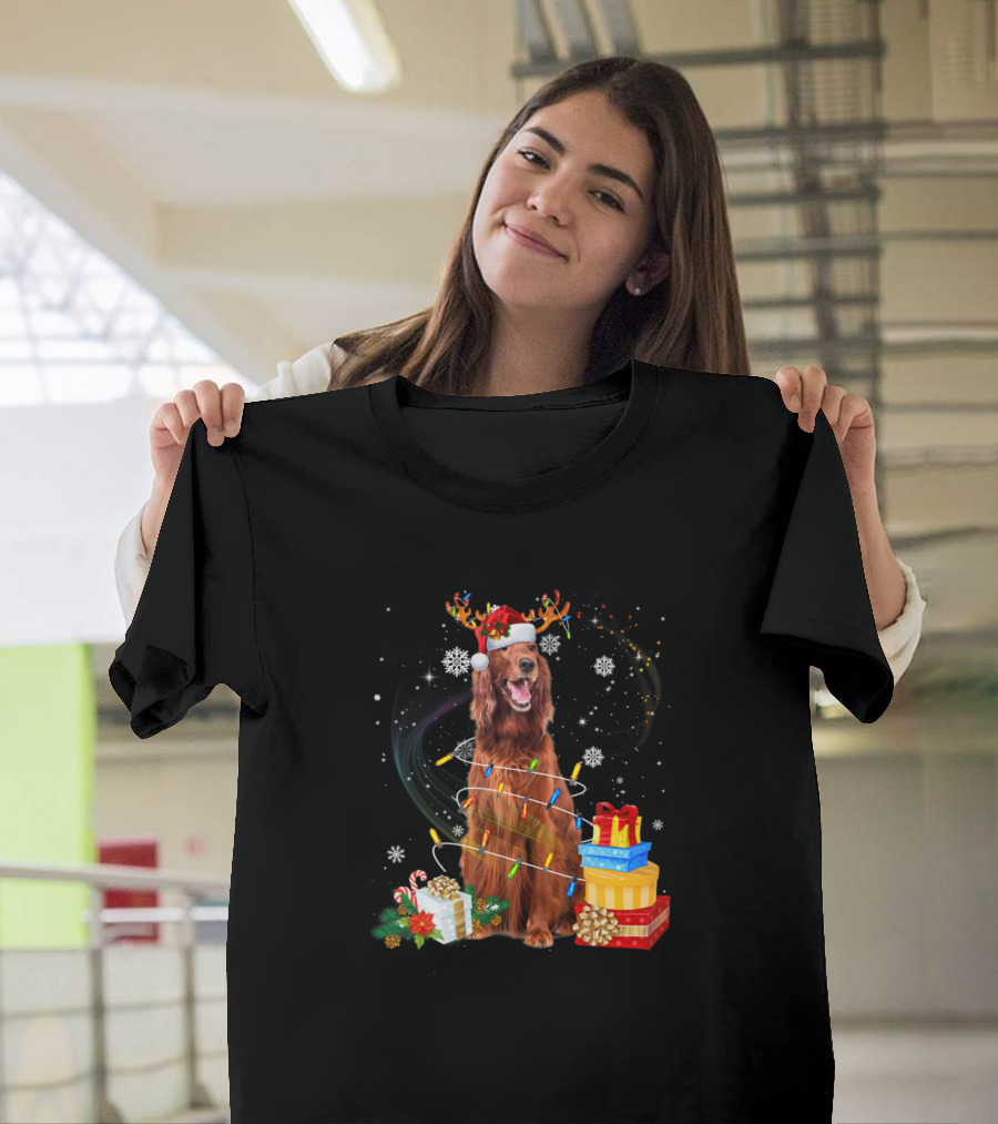 Irish Setter with Santa Hat Reindeer Antlers Christmas Lights and Gifts T-Shirt