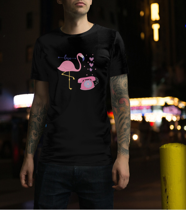 Pink Love Flamingo With Retro Pink Phone And Hearts T-Shirt
