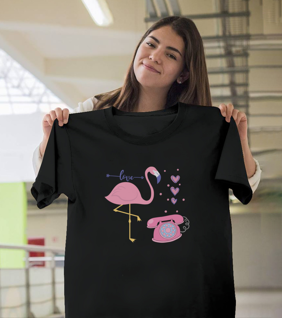 Pink Love Flamingo with Retro Pink Phone and Hearts T-Shirt