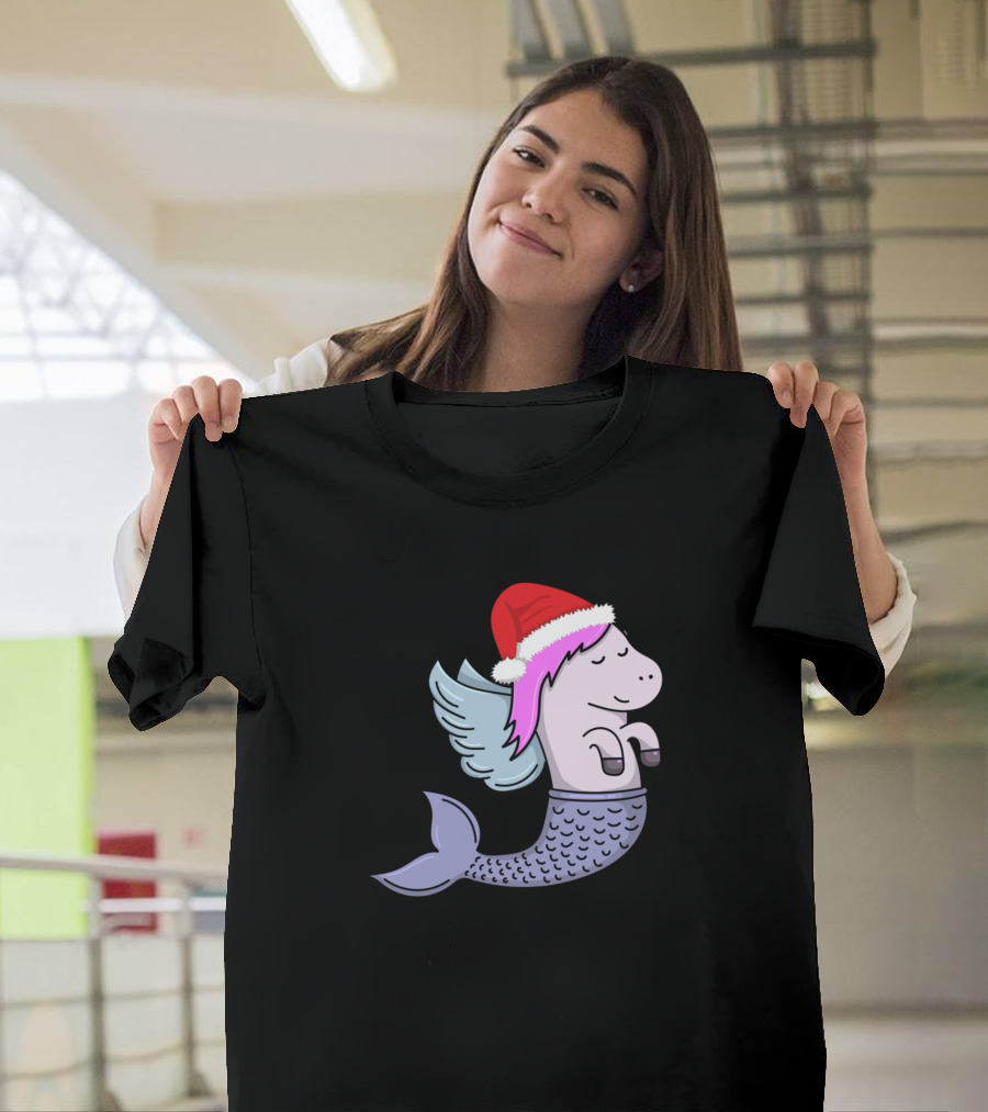 Unicorn Mermaid Santa Hat Holiday Hybrid T-Shirt