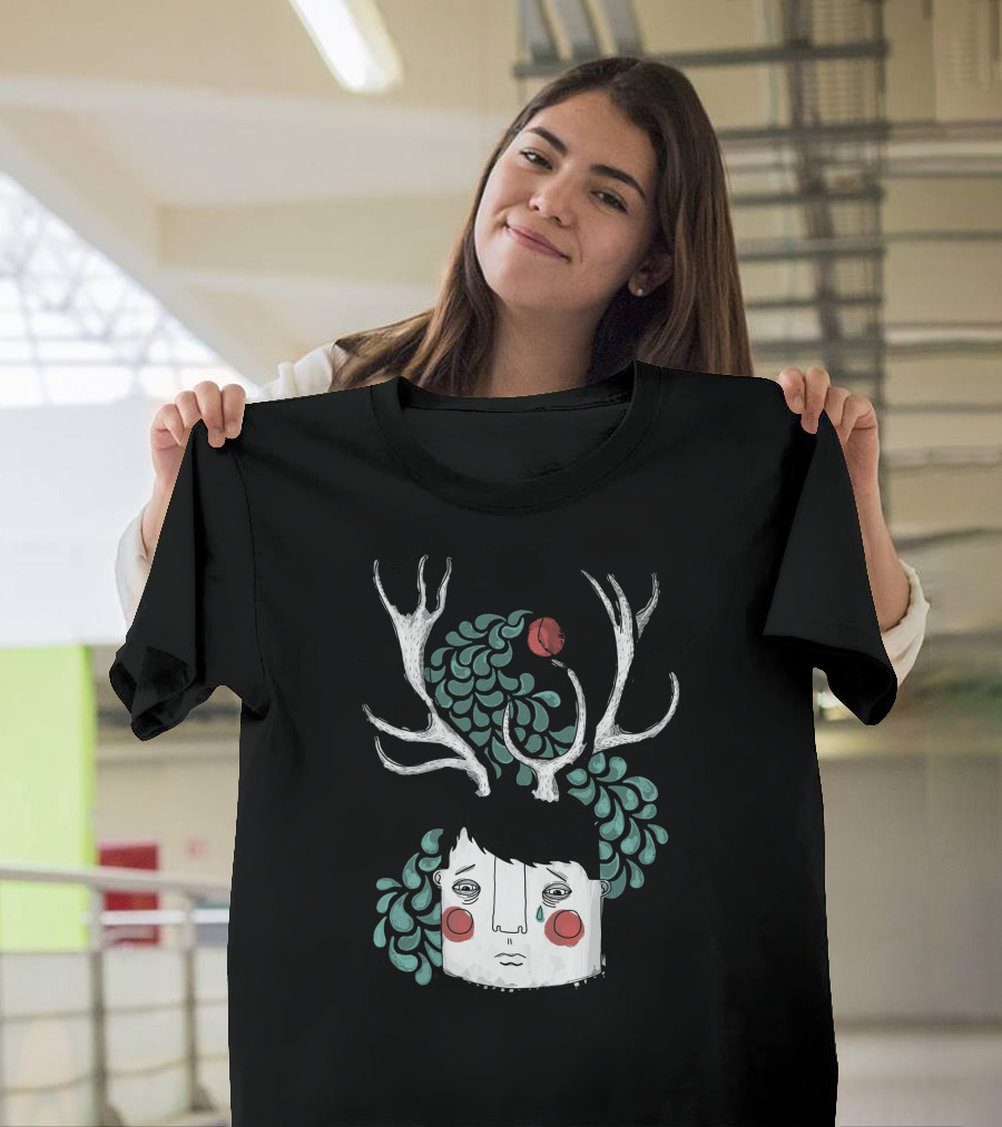 A Little Birdie Told Me Surreal Antlered Figure with Bird T-Shirt
