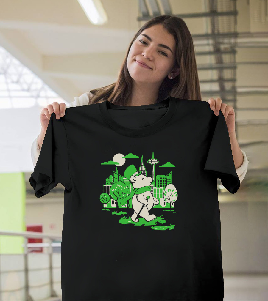 Bear Strolling Through Futuristic Cityscape with Green Accents T-Shirt