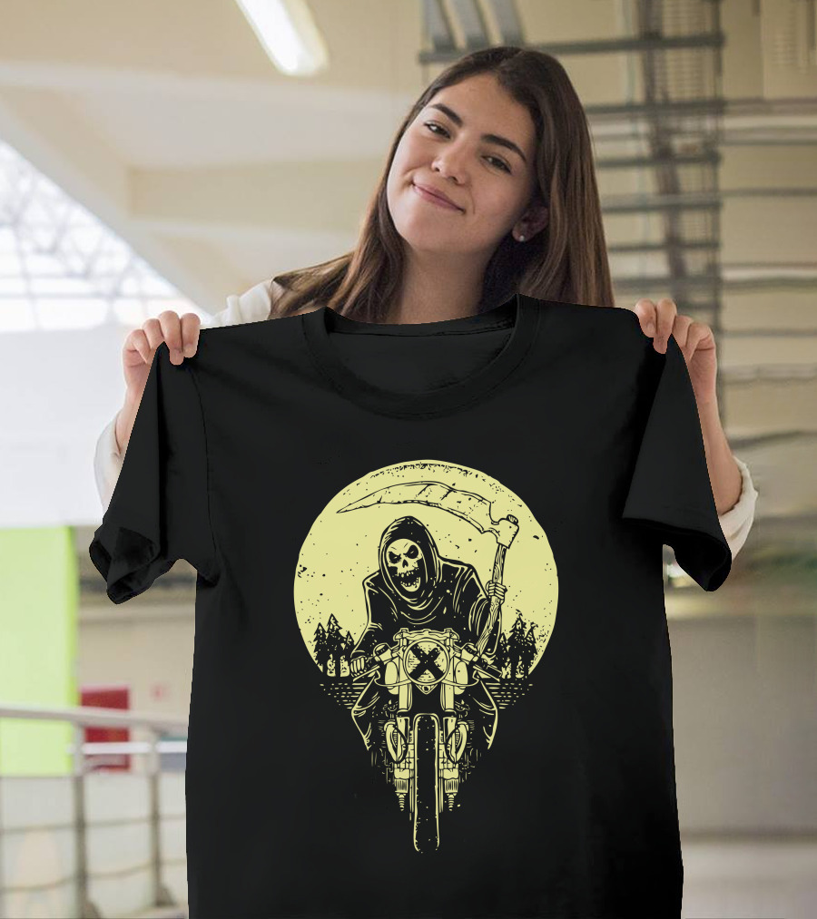 Reaper on Motorcycle Under Moonlit Night T-Shirt