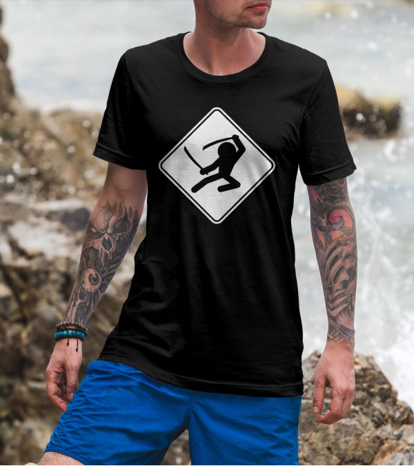 Ninja Crossing Sign Silhouette Sword Diamond Shape Caution T-Shirt