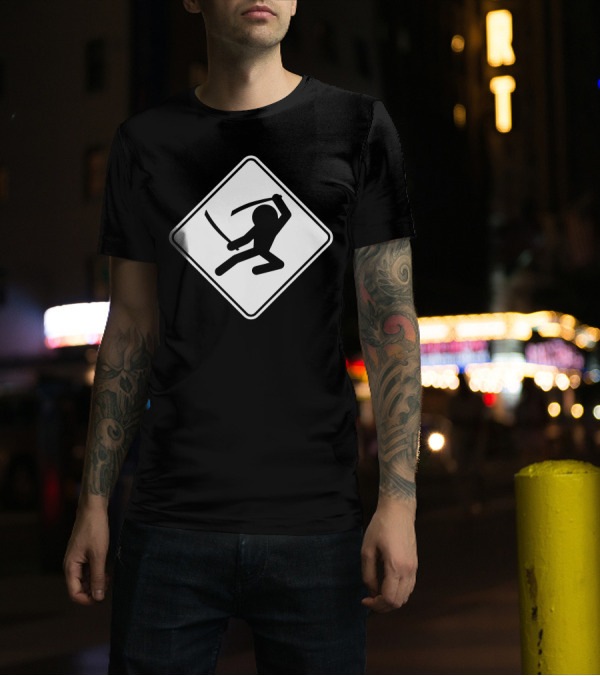 Ninja Crossing Sign Silhouette Sword Diamond Shape Caution T-Shirt