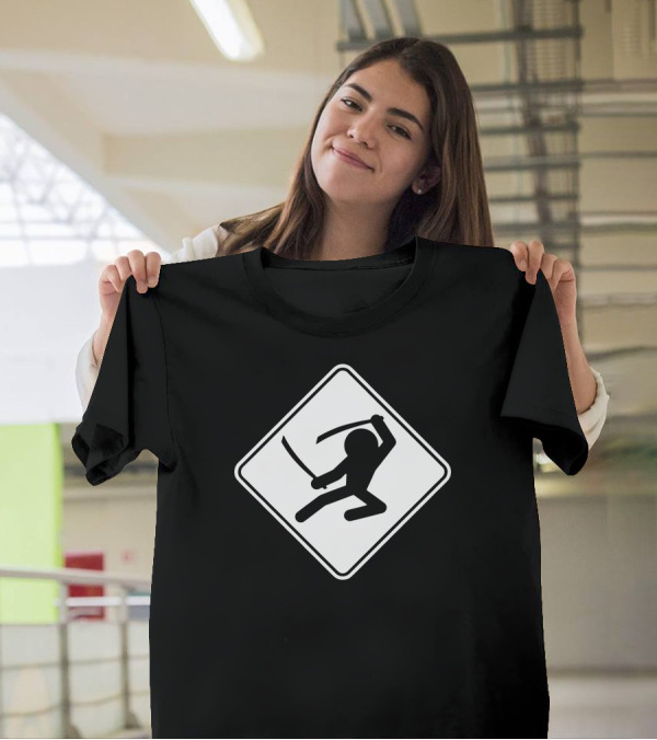 Ninja Crossing Sign Silhouette Sword Diamond Shape Caution T-Shirt