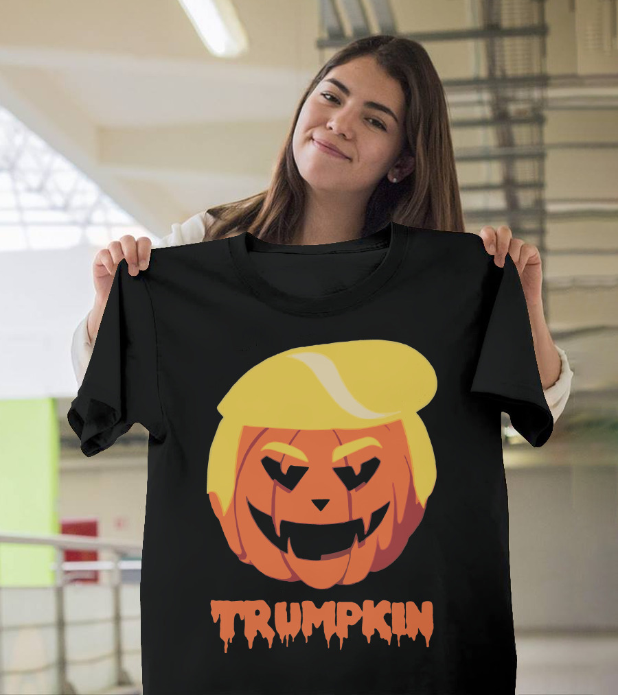 TRUMPKIN Pumpkin Face with Blonde Hair Halloween Humor T-Shirt