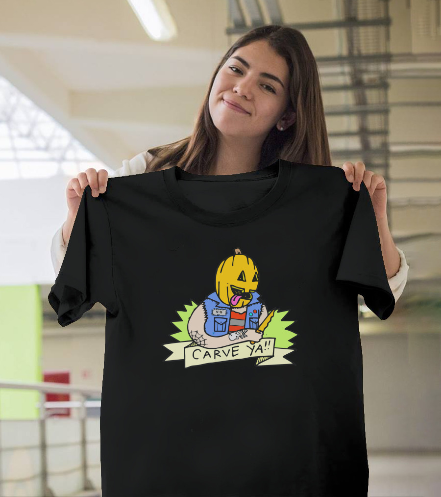 Carve Ya Pumpkin Head Grinning Tongue Out Halloween Vest Knife T-Shirt