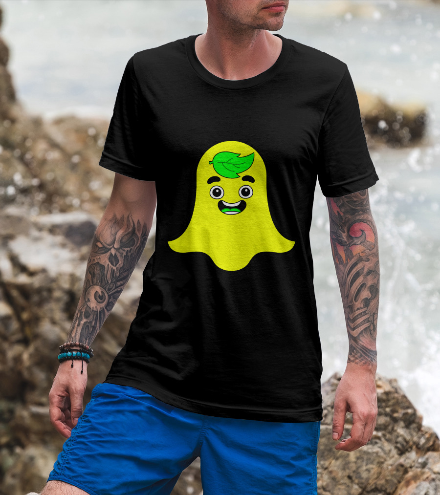 Guava Snap Ghost Emoji With Green Leaf Face T-Shirt