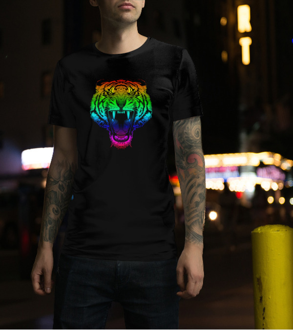 Smarttiger Vibrant Rainbow Roaring Tiger Face T-Shirt