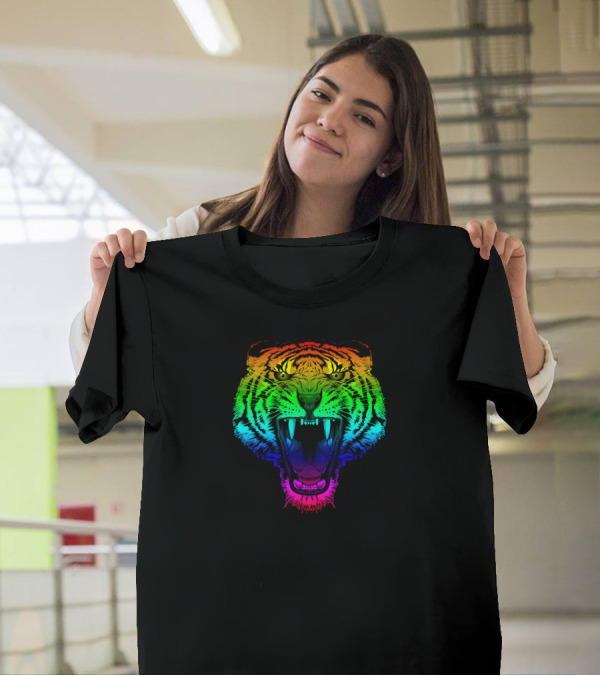 Smarttiger Vibrant Rainbow Roaring Tiger Face T-Shirt
