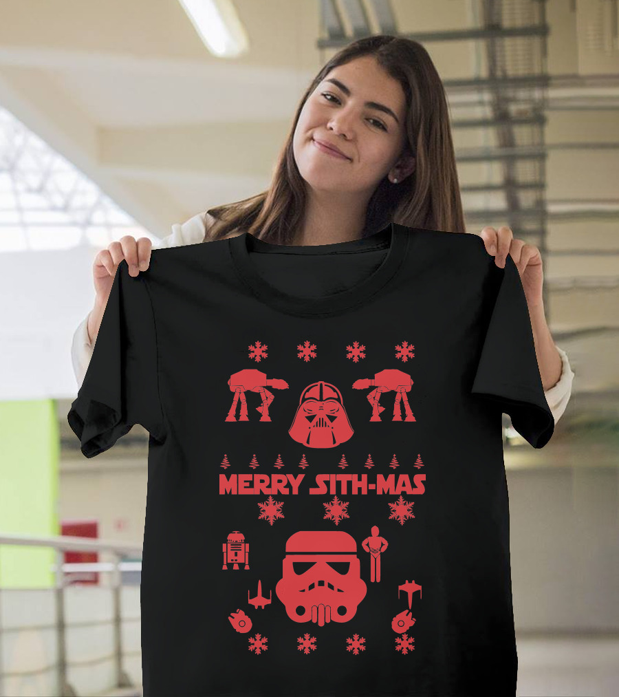 Merry Sith-Mas Star Wars Holiday Design Featuring Darth Vader Stormtrooper and Droids T-Shirt