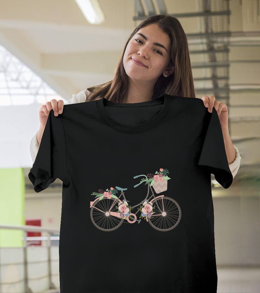 Unique Bicycle Vector Floral Basket Roses T-Shirt