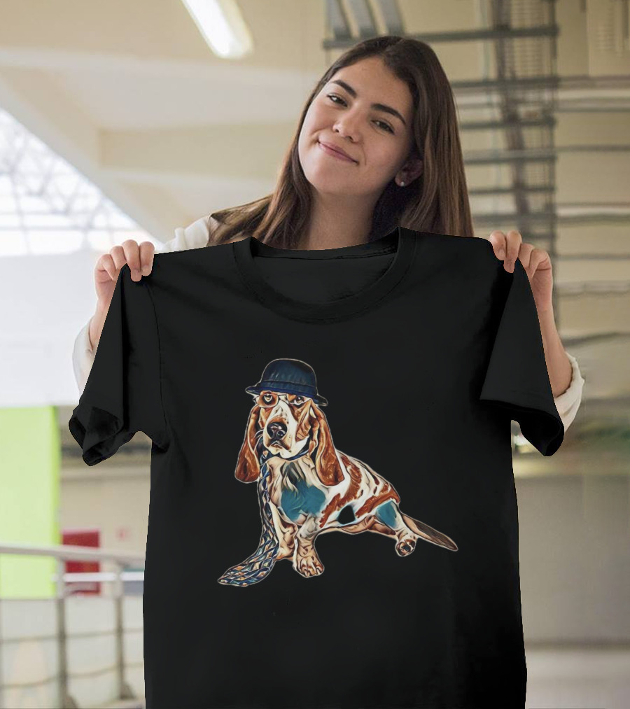 Basset Hound Wearing Bowler Hat and Tie T-Shirt