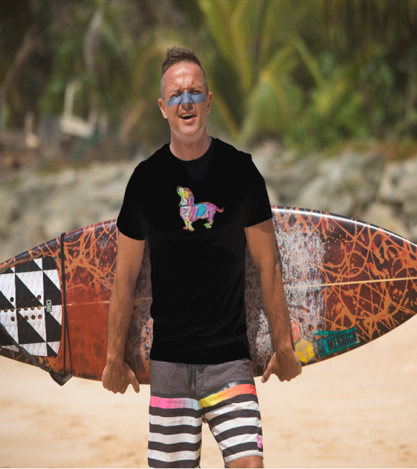 A Side View Of A Fit And Heal Colorful Dachshund T-Shirt