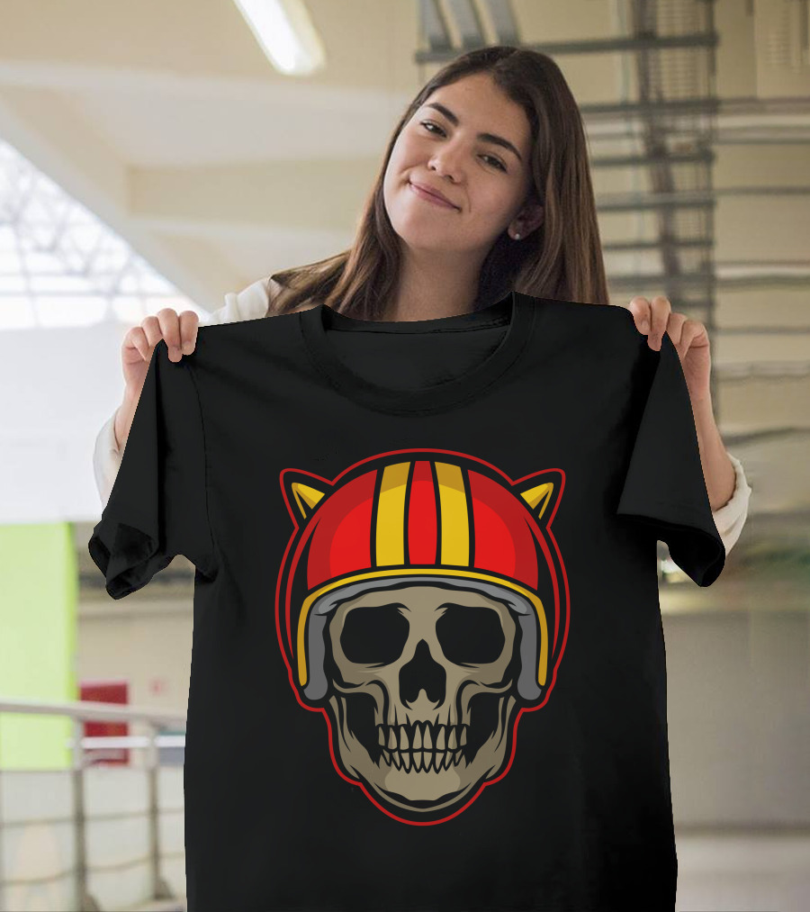 Biker Skull Red and Yellow Horned Helmet T-Shirt