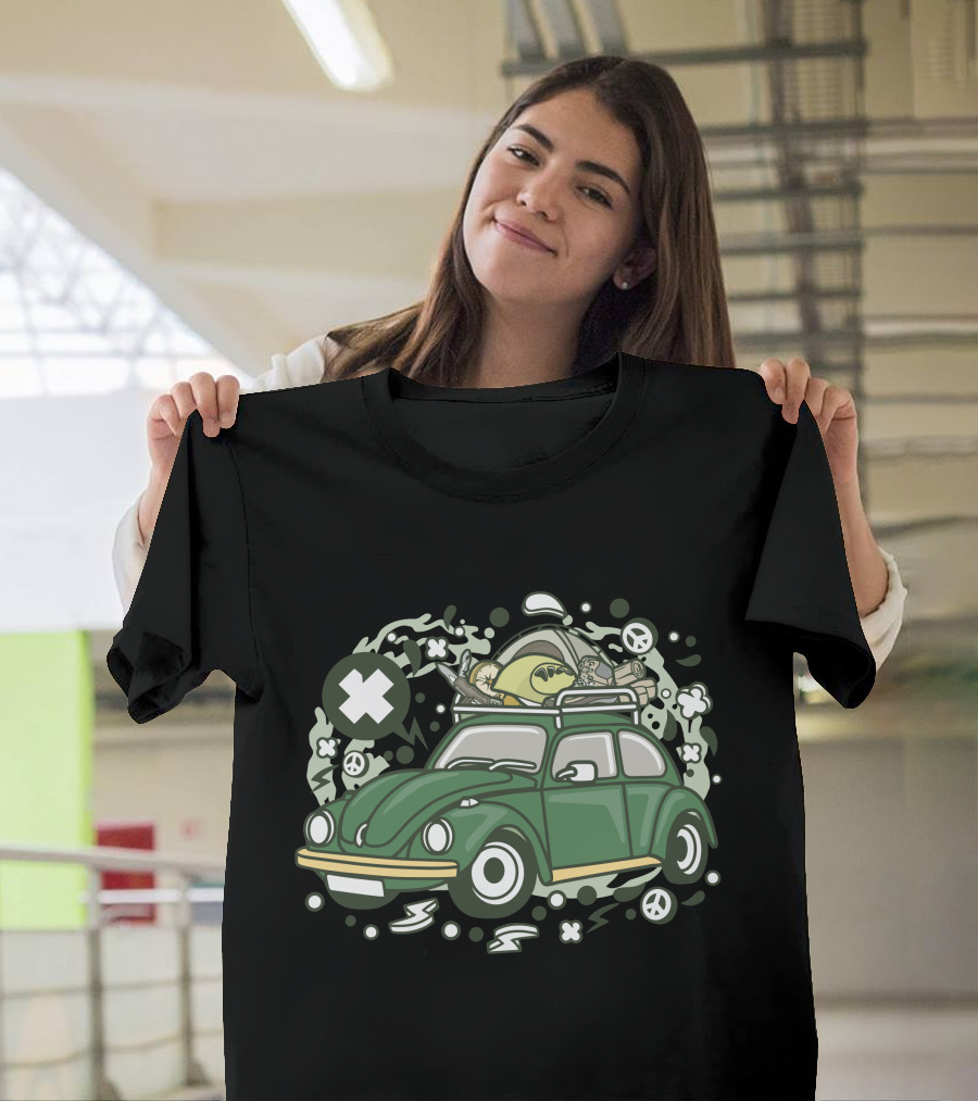 Camp Tour Adventure Beetle with Tent and Peace Symbols T-Shirt