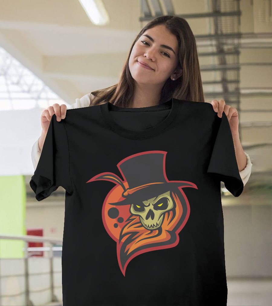 Evil Hat Flaming Skull with Top Hat in Front of Fiery Orange Moon T-Shirt