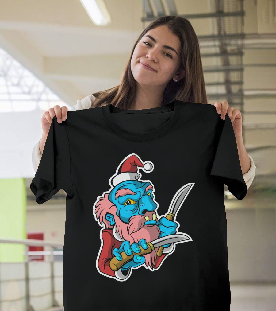 Evil Santaclaus On Knife Wielding Blue Santa in Red Suit T-Shirt