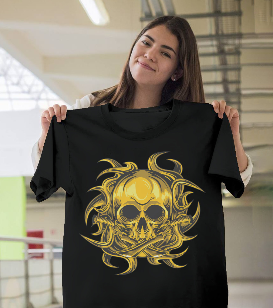 Golden Tribal Skull Swords and Flames T-Shirt