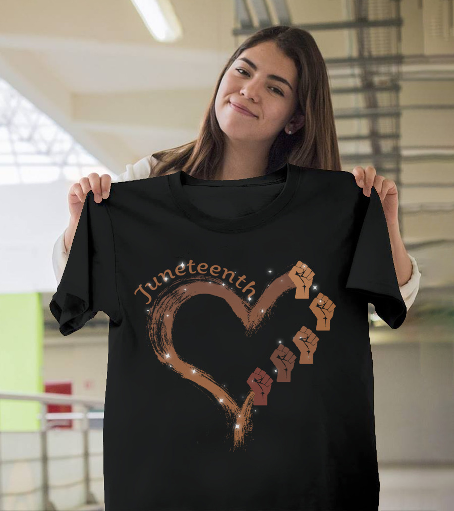 Juneteenth Heart with Raised Fists and Sparkles T-Shirt