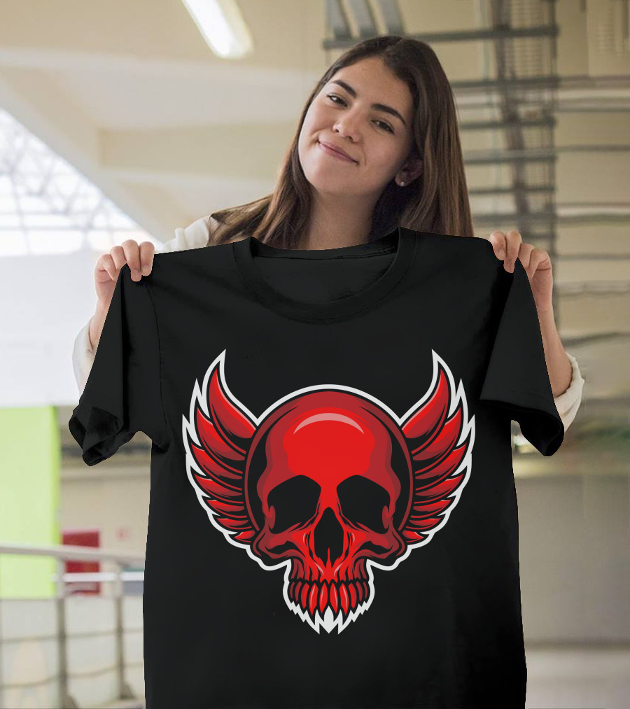 Red Demon Skull with Winged Helm T-Shirt