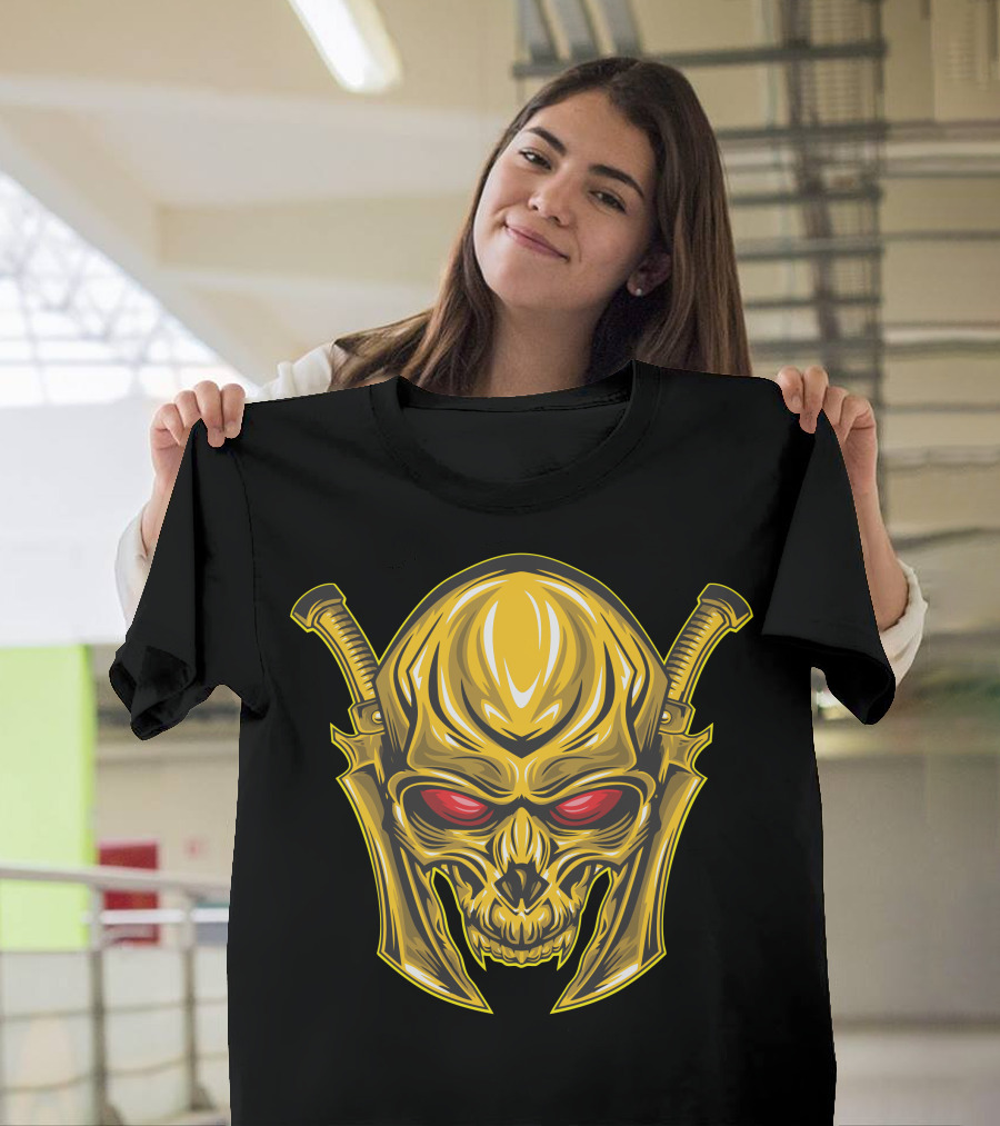 Red Eyed Golden Skull Warrior with Swords T-Shirt