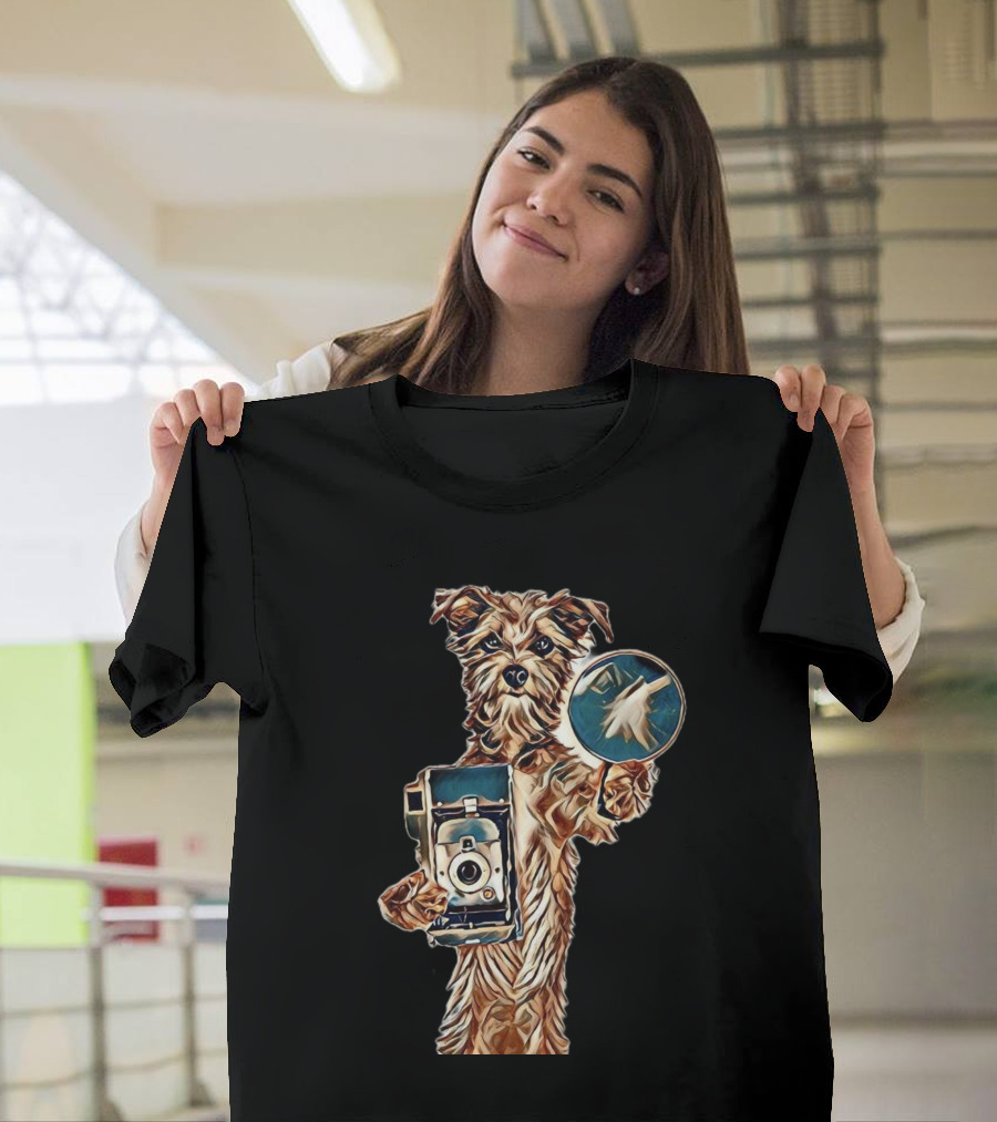 A Cute Mixed Terrier Breed Do with Vintage Camera and Magnifying Glass T-Shirt