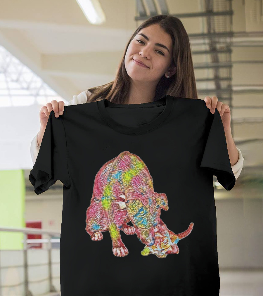 A Large Breed Dog Looking Down at Colorful Cat T-Shirt