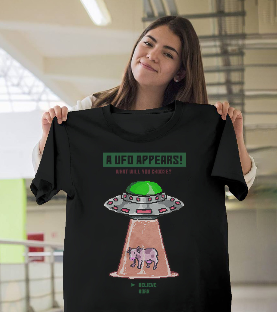 A UFO Appears What Will You Choose Believe Hoax Cow Retro Pixel T-Shirt