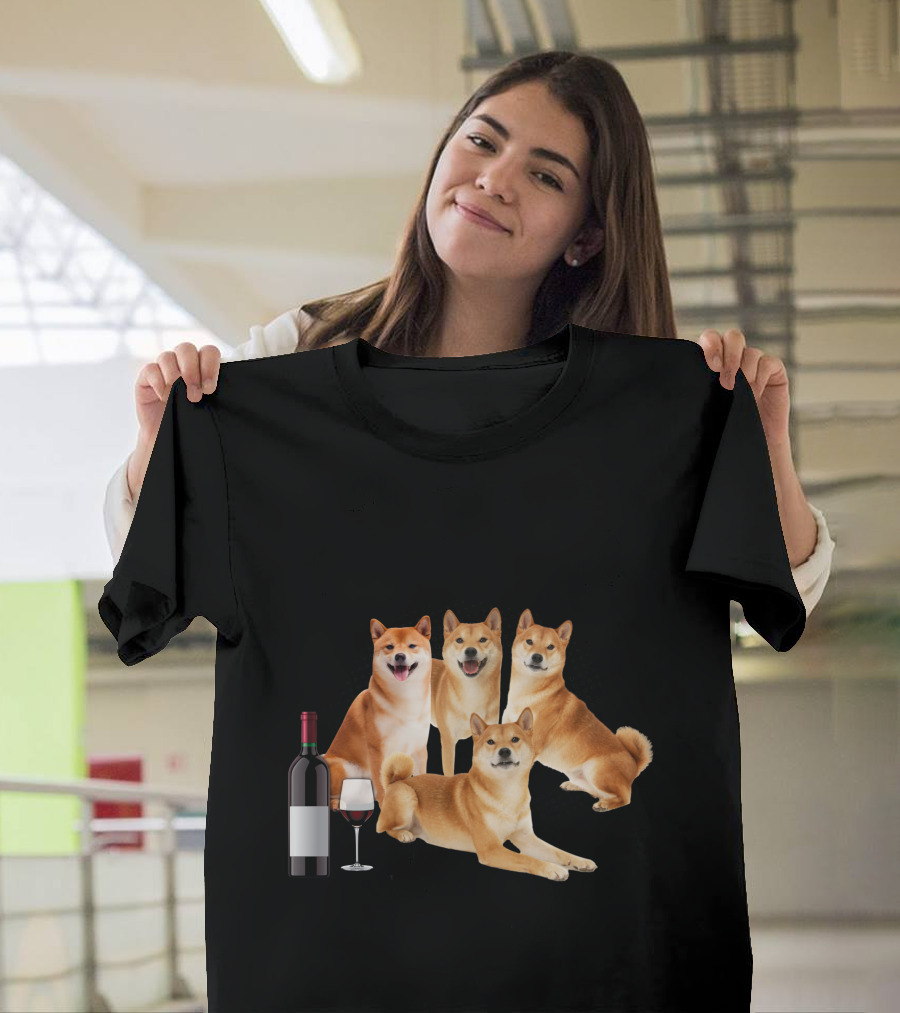 A Woman Cannot Survive On Wine Alone She Also Needs Shiba Inus Happy Dogs and Wine Bottle T-Shirt
