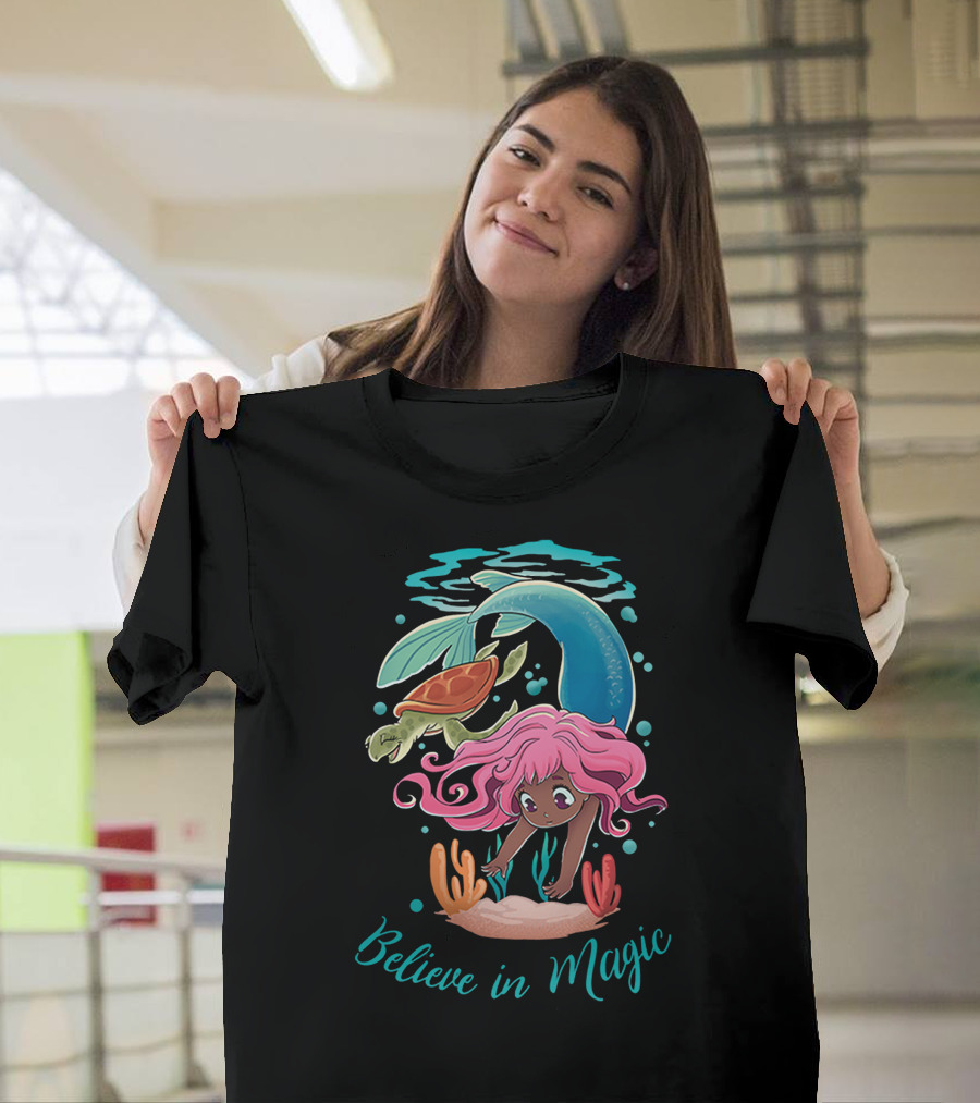 Believe In Magic Mermaid with Turtle and Coral Underwater Scene T-Shirt