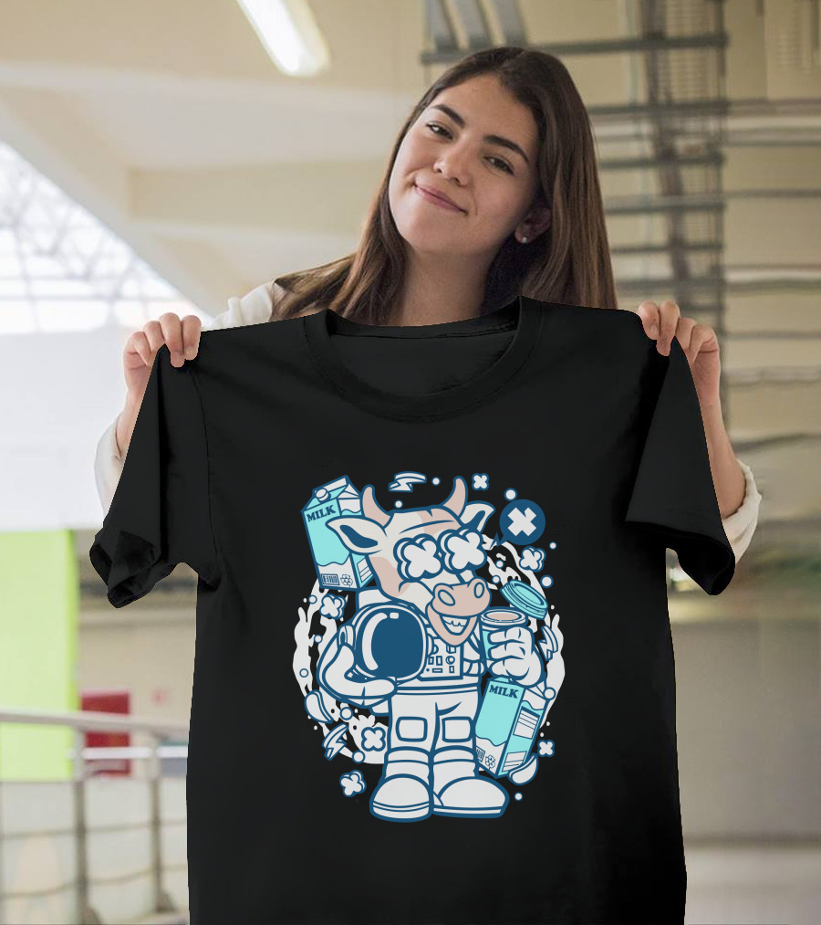 Cow Astronaut Floating with Milk Bottles and Cosmic Clouds T-Shirt