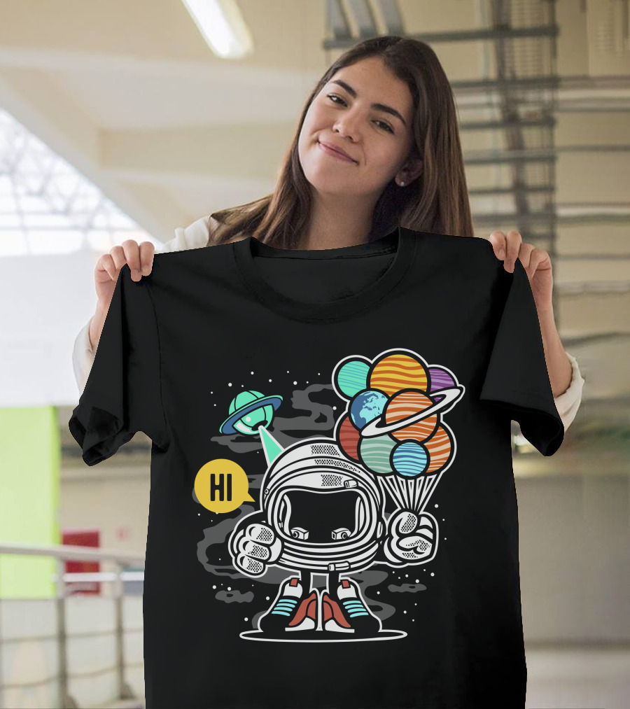 Hi Universe Astronaut with Planet Balloons and UFO T-Shirt