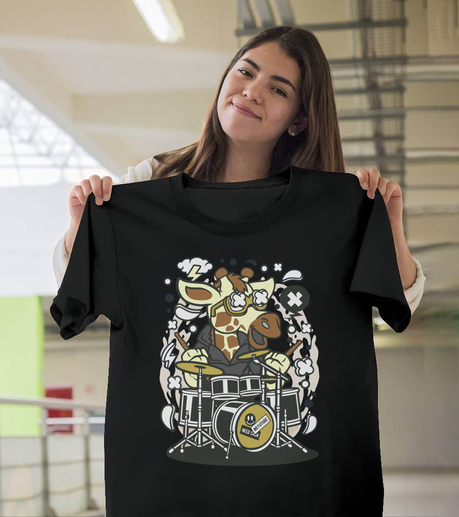 Need Anywhere Giraffe Drummer with Goggles and X Eyes Playing Drums T-Shirt